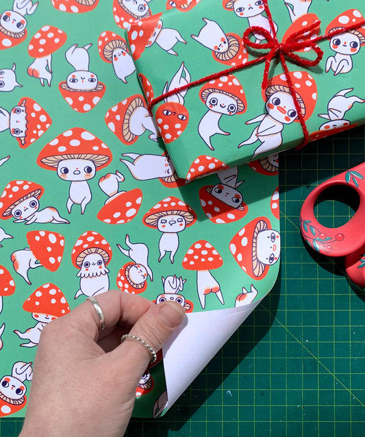 Cheeky Mushrooms (Green) - Wrapping Paper - Single Sheet