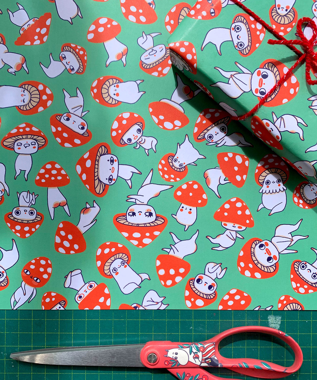 Cheeky Mushrooms (Green) - Wrapping Paper - Single Sheet